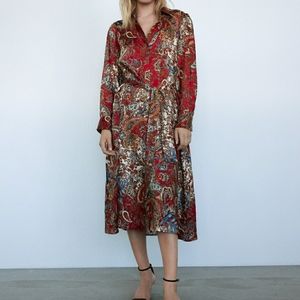 Zara Printed Paisley Shirtdress Dress Red Medium